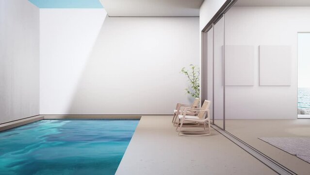 Luxury interior design 3D rendering of modern house or hotel. Concrete floor terrace and swimming pool with empty white wall background near blank picture frame.