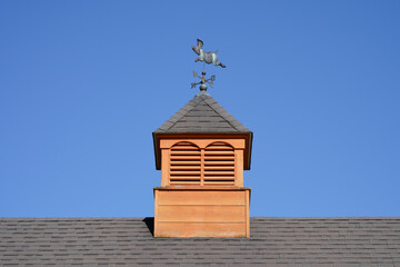 Tower of pig barn with pig sculpture decorated weather vane - obrazy, fototapety, plakaty