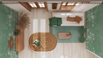 Farmhouse wooden living room in green and white tones, Sofa, rattan chest of drawers, jute carpet and decors. Boho chic interior design, top view, plan, above