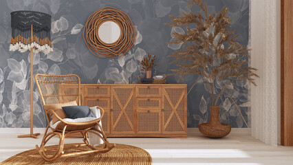 Boho chic living room, rattan chest of drawer and rocking chair on jute carpet in white and gray tones. Bohemian farmhouse interior design
