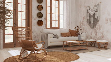 Vintage living room in boho chic style in white and beige tones. Sofa and rattan rocking chair on jute carpet. Bohemian interior design © ArchiVIZ
