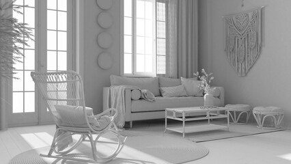 Total white project draft, vintage living room in boho chic style. Sofa and rattan rocking chair on jute carpet. Bohemian interior design