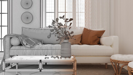 Architect interior designer concept: hand-drawn draft unfinished project that becomes real, retro living room closeup. Sofa, rattan table with autumn decors. Boho chic, fall concept