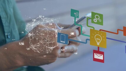 Animation of globe of connections and data processing over caucasian man using smartphone - Powered by Adobe