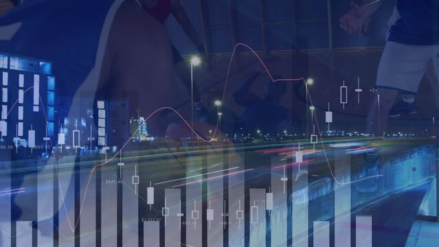 Animation of financial data processing over diverse basketball players and cityscape
