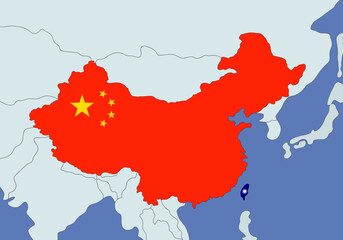 The military conflict between China and Taiwan. The countries on the map. The symbol of the flags. Vector conceptual illustration