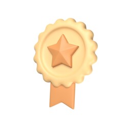 Winner medal with star and ribbon. 3d icon minimal style isolated on white background. Premium quality, quality guarantee symbol. 3d render illustration