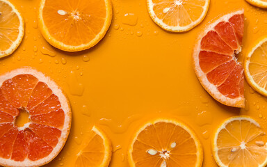 Background with citrus fruits and water drops.