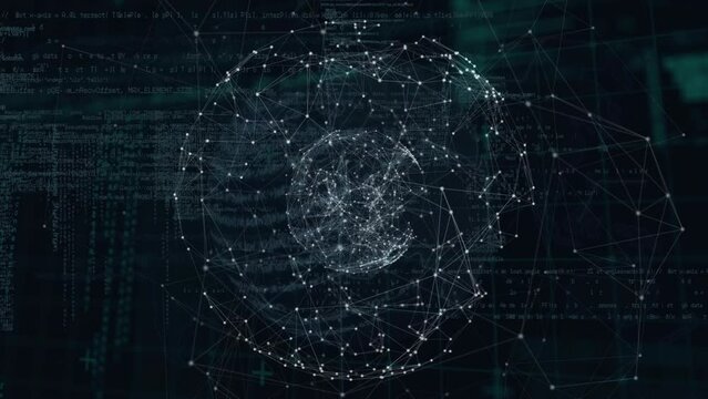 Animation of data processing, network of connections over globe