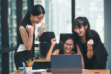 Group business asian woman working together in office space. Asia business female people group meeting room conference desk real office team.