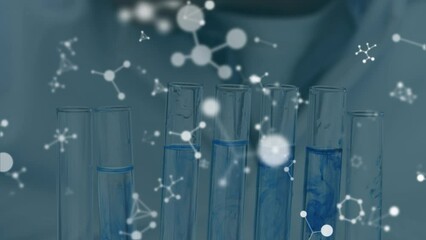 Animation of molecules over caucasian scientist in lab