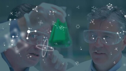 Animation of molecules over diverse scientists in lab
