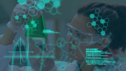 Animation of molecules and data processing over caucasian scientist in lab