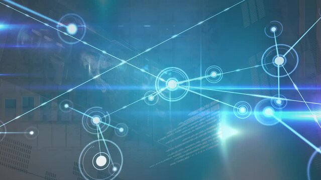 Animation of network of connections and data processing over black background