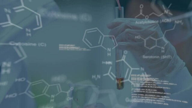 Animation of molecules and data processing over caucasian scientist in lab