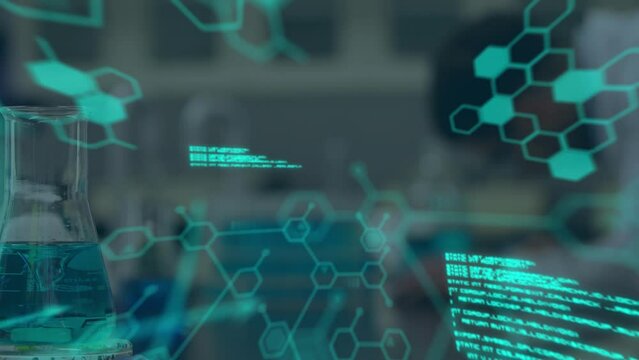 Animation of molecules and data processing over biracial scientist in lab