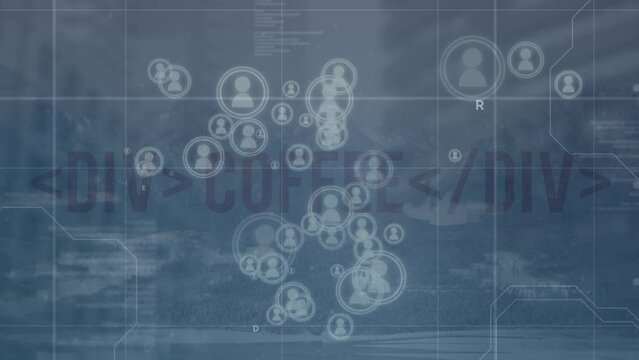 Animation of coffe text and icons and data processing over cityscape