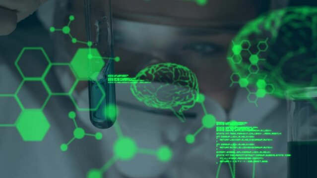 Animation of digital brain, molecules and data processing over caucasian scientist in lab