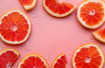 Background with grapefruit and water drops. Selective focus.