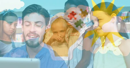 Animation of puzzle pieces and clouds over diverse schoolchildren and teacher using tablet - Powered by Adobe