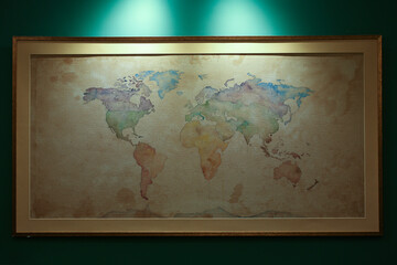 World map made on canvas with watercolors