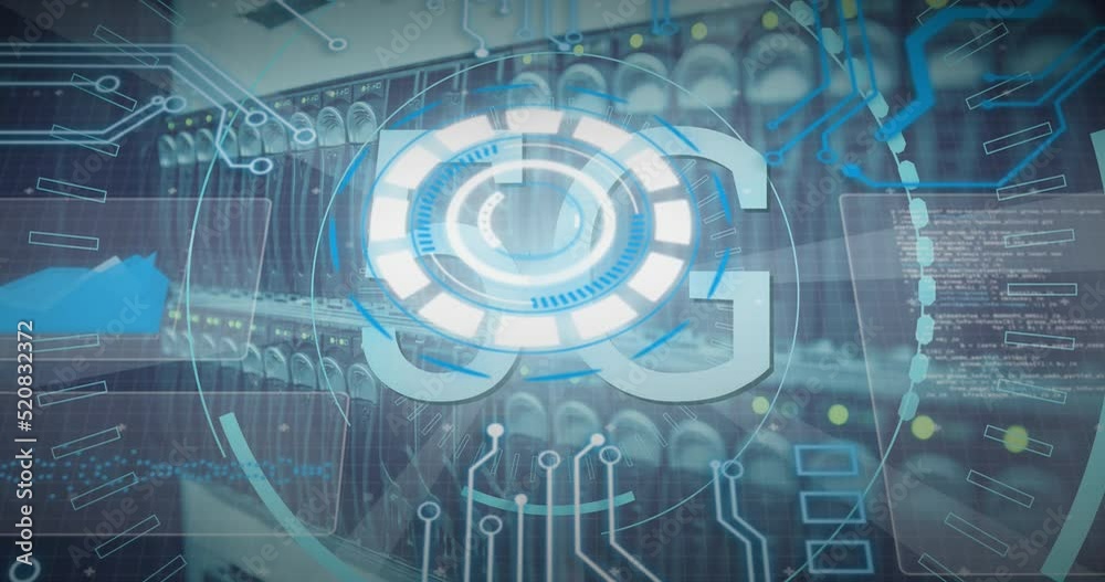 Poster animation of 5g text and data processing over server room