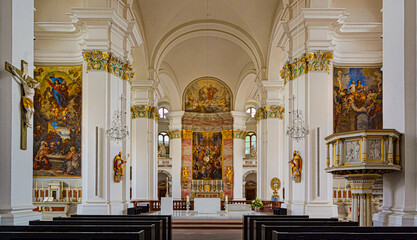 Heidelberg Jesuit church interior view looking towards the altar. Baden Wuerttemberg, Germany,...