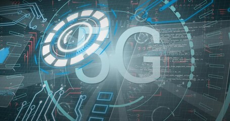 Animation of 5g text and data processing over dark background - Powered by Adobe