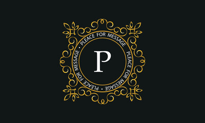 Luxury background of golden color and letter P. Template for design elements of ornament, label, logotype
