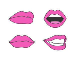 Pink female lips collection. Set of sexy woman's lips expressing different emotions: smile, kiss, half-open mouth.
