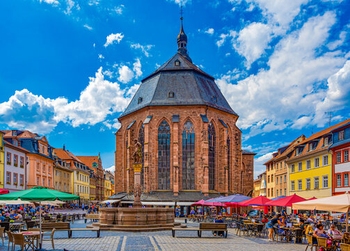 Heidelberg market place and Church of the Holy Spirit in the background. Baden-Württemberg, Germany, , Europe.