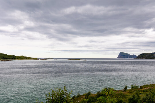 beautiful panorama a Norwegian fjord with H&aring;ja island (Haja). Troms og Finnmark, North Norway
