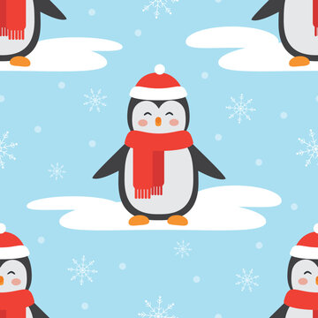 Vector seamless pattern with penguins in red hat and scarf with snow and snowflakes