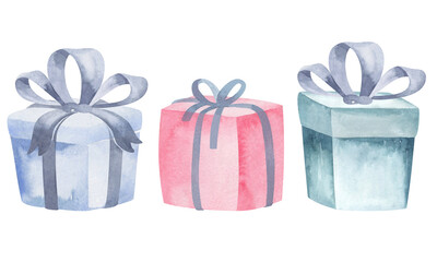 Obraz premium Watercolor illustration, gift box, birthday gifts, Christmas present, design elements isolated on white background