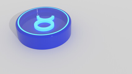 Taurus. Zodiac sign in the corner of the frame, free space for insertion. A blue cylinder with a blue glowing border and an image of a blue glowing zodiac sign inside behind glass. 3D render.