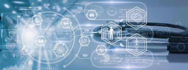 Stethoscope on table,medical service network connection,online marketing business medical,digital modern healthcare, insurance,medical examination analysis medicine report,telemedicine technology