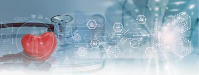 Double exposure-stethoscope on table and red heart,medical service network connection,online marketing business medical,digital modern healthcare,insurance,medical examination analysis medicine report