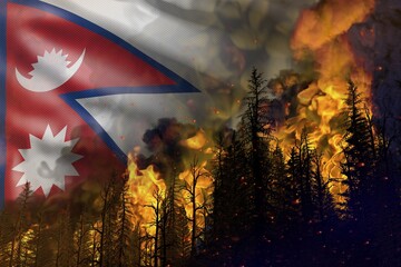 Forest fire fight concept, natural disaster - burning fire in the woods on Nepal flag background - 3D illustration of nature