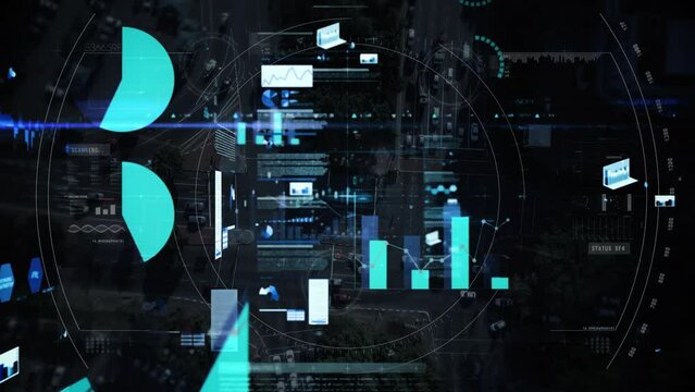 Animation of data processing and scope scanning over cityscape