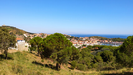 Fototapeta na wymiar Wide panorama of the harbor of Port Vendres from Fort St Elme.