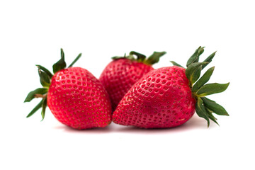 Strawberry isolated. Strawberries isolate. Strawberries with leaf isolate. Whole and half of strawberry on white. Side view strawberries set.
