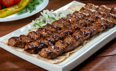 Fast food. Eastern food. Shish kebab, lyulya-kebab. Dishes of oriental cuisine lying in plte and decorated with greens and vegetables, sauces