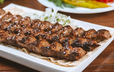 Fast food. Eastern food. Shish kebab, lyulya-kebab. Dishes of oriental cuisine lying in plte and decorated with greens and vegetables, sauces