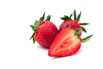 Strawberry isolated. Strawberries isolate. Strawberries with leaf isolate. Whole and half of strawberry on white. Side view strawberries set.