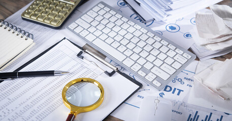 Calculator, keyboard, pen, documents, magnifying glass. Business. Accounting