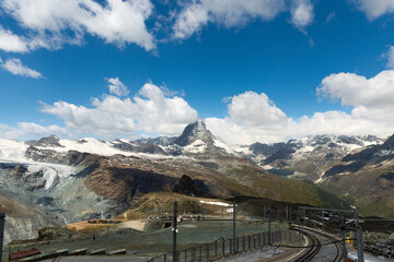 Mountain railway from Zermatt to Gornergrat station, Switzerland. Mount Matterhorn in the background. Eco travel.
