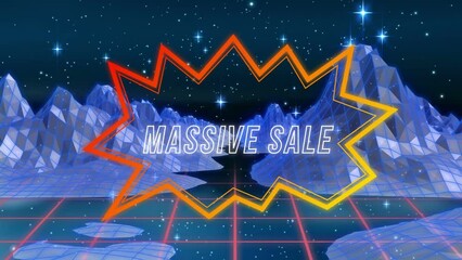Animation of massive sale text over digital mountains - Powered by Adobe