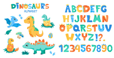 Dino font with alphabet letters, cute dinosaurs, signs and numbers. Character collection in hand drawn cartoon style for your design, nursery or kindergarten banners and posters. Vector illustration
