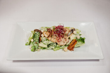 View on white background of salad with meat. Healthy food, diet lunch concept.