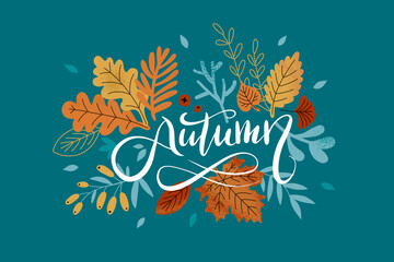 Fototapeta na wymiar Autumn cozy sticker set with lettering. Pumpkin, sweater, harvest, yellow leaves, leaf fall, boots, acorn, mushroom on turquoise background